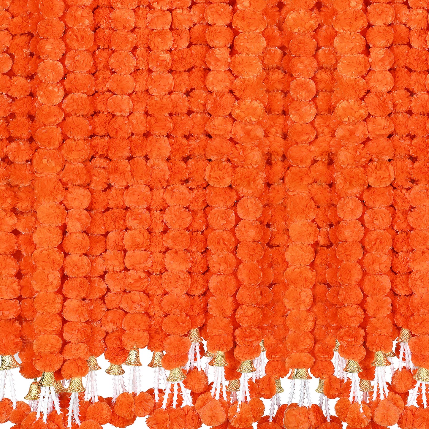 OCTERIC 6 Pcs 5 Ft Artificial Marigold Flowers Garland, Dia de Los Muertos Faux Garlands Diwali Decoration with Pendant Bell for Indian American Wedding Party Mantle Decor (Dark Orange)