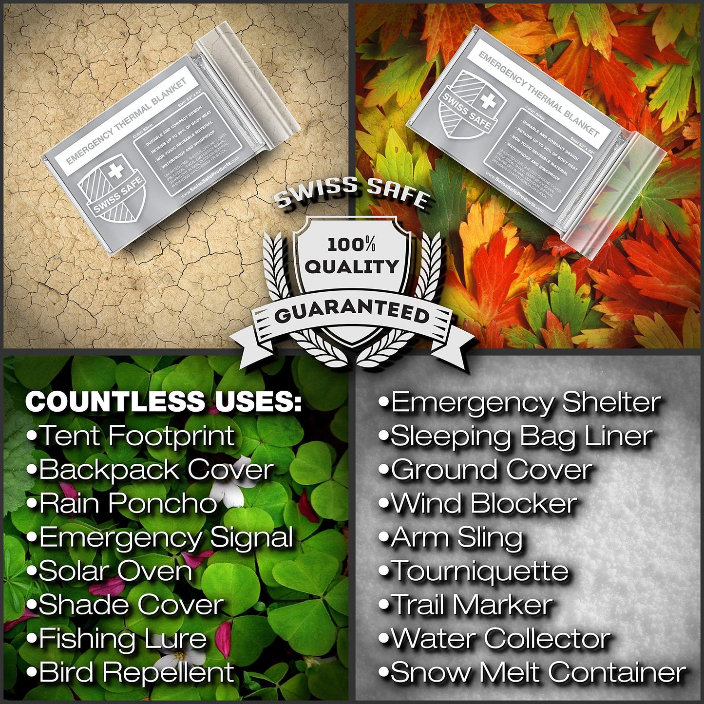 Swiss Safe 10 Pack Mylar Emergency Blankets for Survival - Compact & Insulated for Cold Weather - Designed for NASA, Outdoor, Running, Camping, Survival, First Aid Car Kit - Silver, 10 Pack