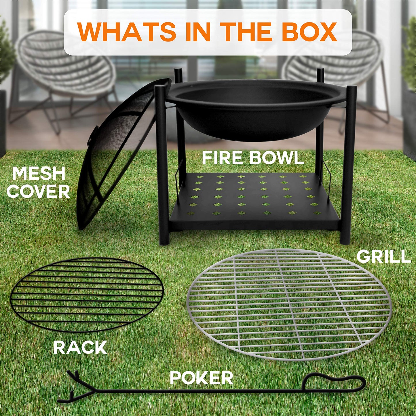 SereneLife Outdoor Wood Fire Pit - 26" Steel BBQ Grill with Mesh Spark Screen, Log Grate, Fire Poker & Cover for Camping, Picnic, Bonfire - Durable, Easy to Assemble, 2 in 1