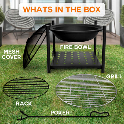 SereneLife Portable Outdoor 2-in-1 Steel BBQ Grill 26" Wood Burning Fire Pit Bowl w/ Mesh Spark Screen, Cover Log Grate, Fire Poker for Camping, Picnic, Bonfire SLCARFP54.5