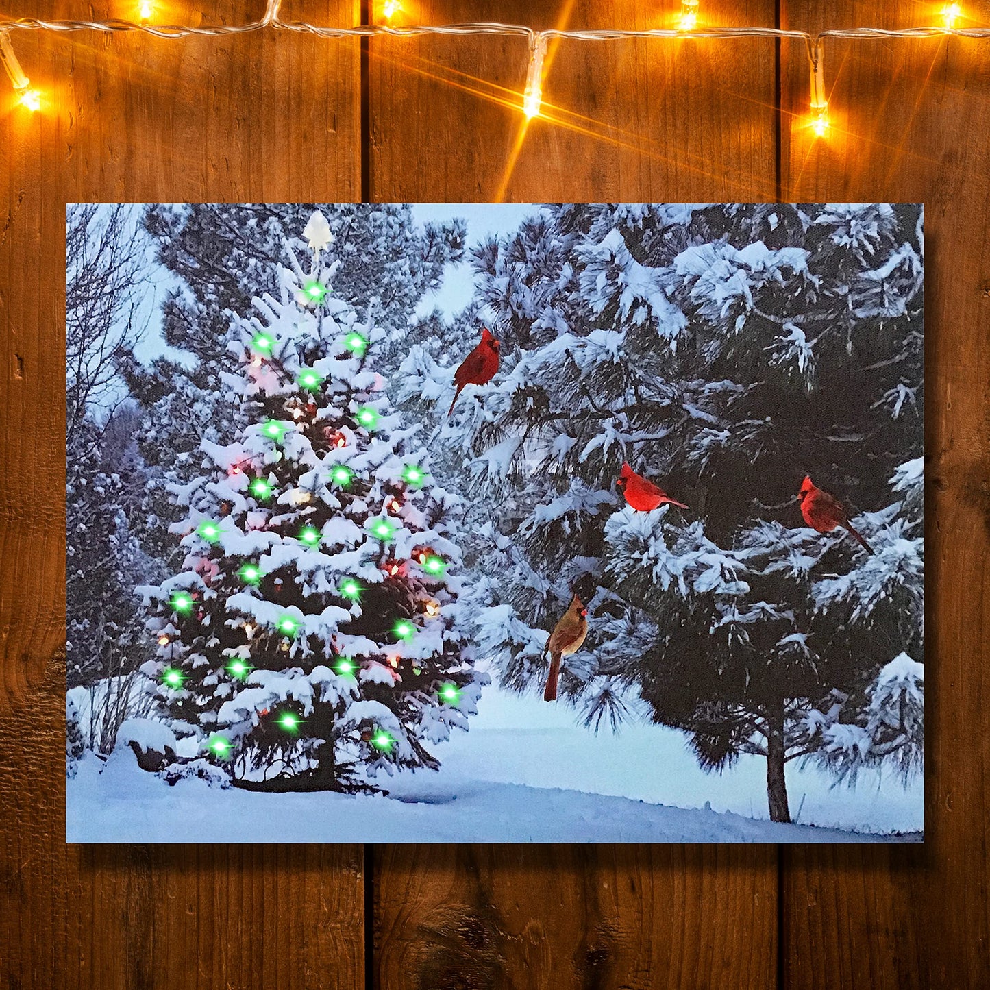 Lighted Christmas Tree & Cardinal Birds LED Canvas Print - Snowy Winter - Forest Pine Trees - Winter Scene Wall Art Measures 15.75" X 11.75"