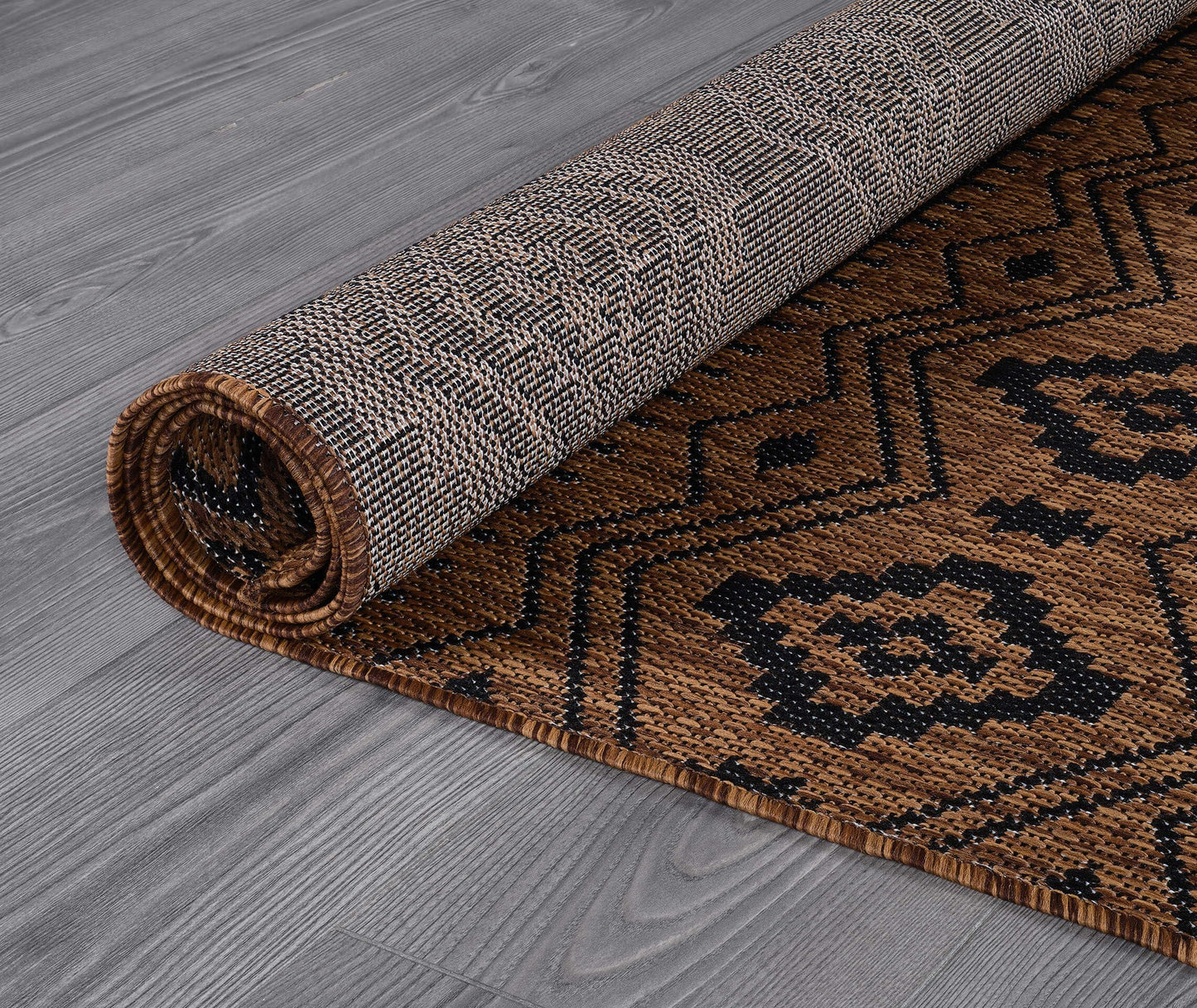 Beverly Rug Waikiki Boho Indoor Outdoor Rug 9x12, Washable Outside Carpet for Patio, Deck, Porch, Bohemian Area Rug, Farmhouse Rugs, Aztec Tribal Rug, Nut Brown and Black