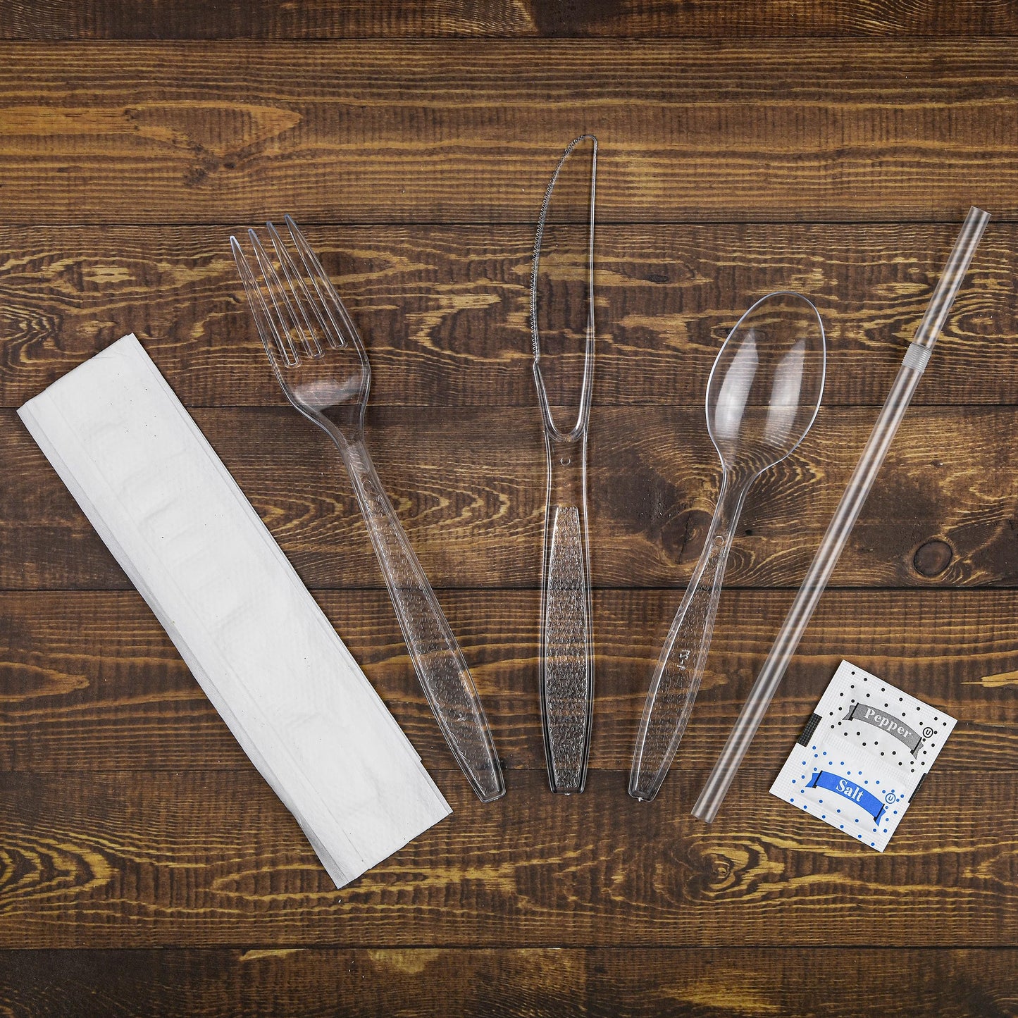 KitchenDine 100 pack | Clear Heavy Duty Plastic Disposable Cutlery Set | 6 in 1 Utensil Set with Fork, Spoon, Knife, Napkin, Straw, Salt/Pepper Packets