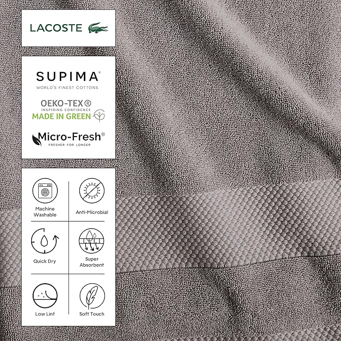 Lacoste Heritage 100% Supima Cotton Bath Sheet, Micro Chip, Premium Super Soft