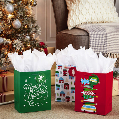 Hallmark 9" Medium Christmas Gift Bag Bundle (Pack of 6; Little Houses and Trees, MerriestChristmas, Vintage Van with ChristmasTrees) - 5XGB4890