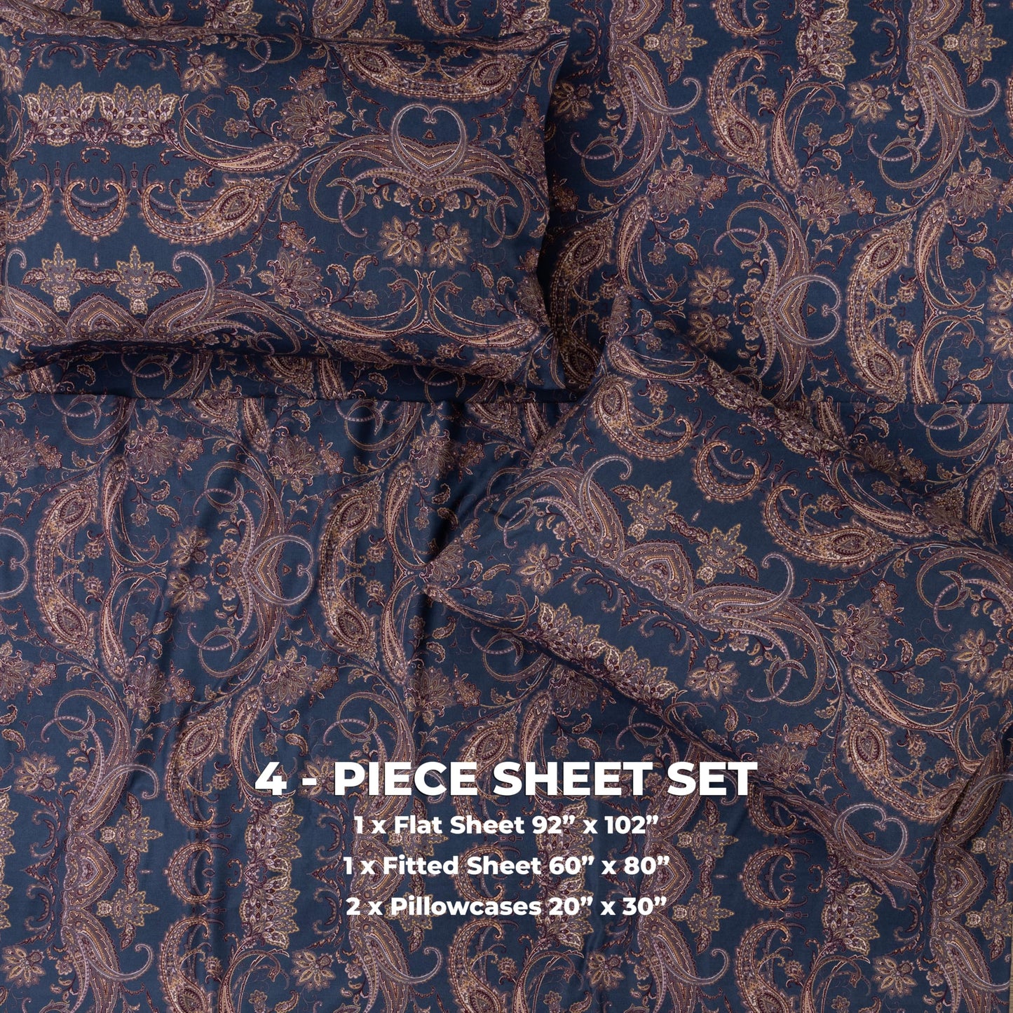 Dreamology Sheets Queen Size Bed Set, 4 Pieces Microfiber Sheet,Printed Sheet Set with Solid Cuffed Detail,Includes 1 Flat Sheet,1 Deep Pocket Fitted Sheet and 2 Pillowcases,Queen Bed sheets (Paisely)