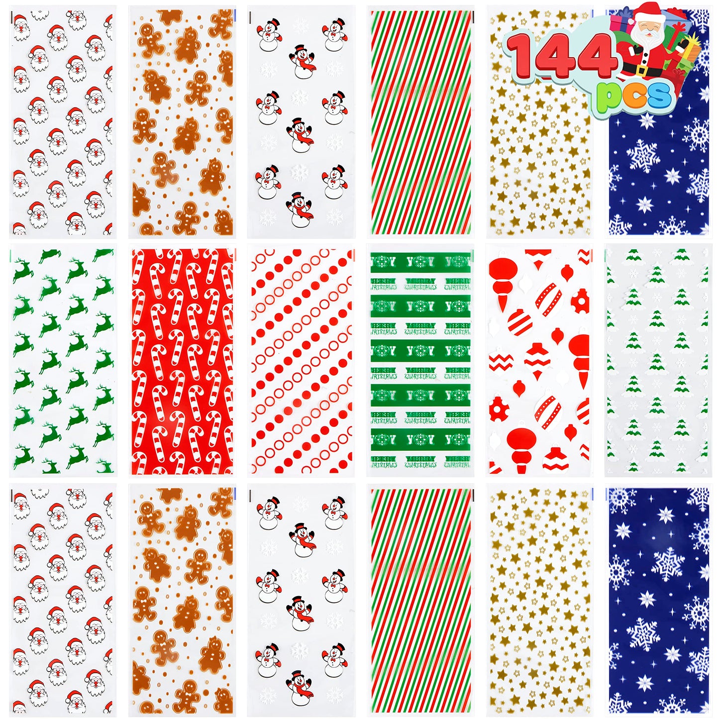 JOYIN 144 PCS Christmas Cellophane Bags with Ribbon for Holiday Treats, Christmas Clear Cello Gift Candy Cookie Bags for Party Favors, Festivals Presents, Party Supplies (11” X 5”)