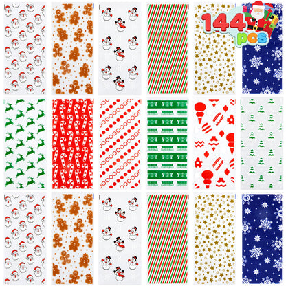 JOYIN 144 PCS Christmas Cellophane Bags with Ribbon for Holiday Treats, Christmas Clear Cello Gift Candy Cookie Bags for Party Favors, Festivals Presents, Party Supplies (11” X 5”)