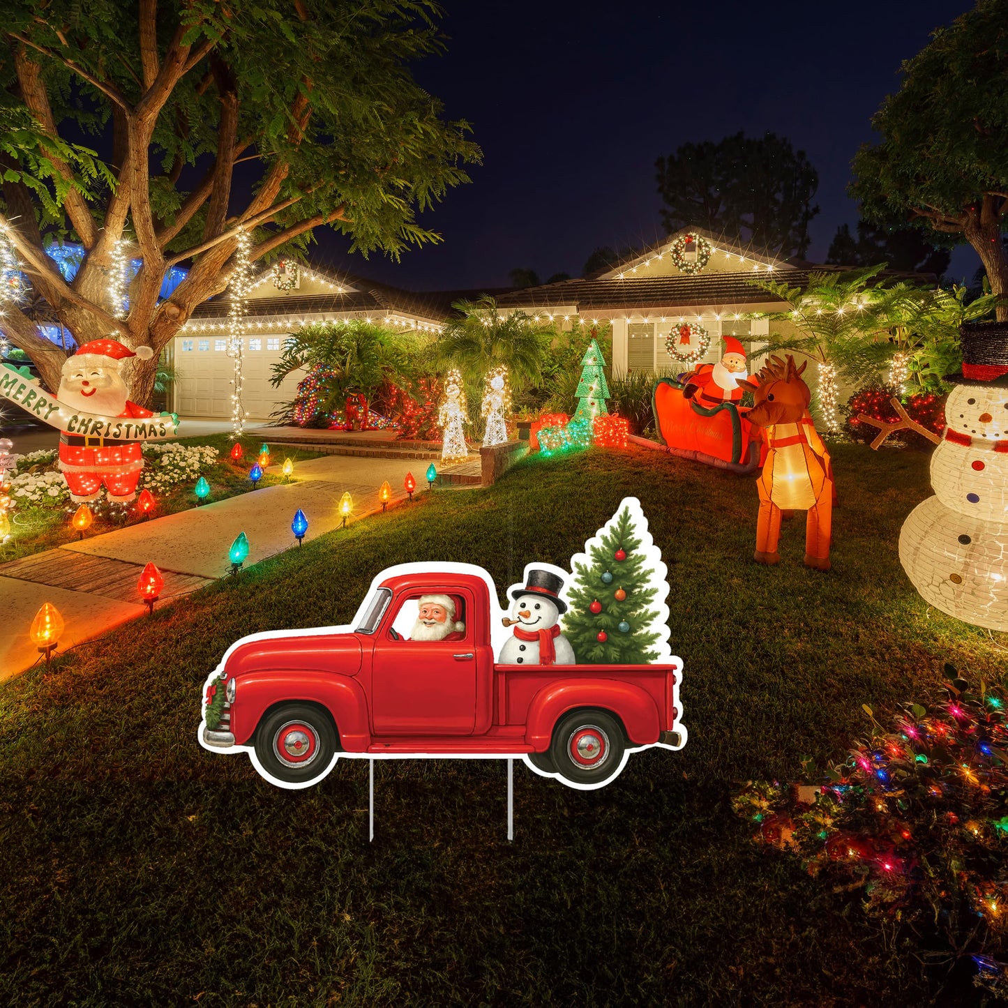 Red Santa Truck Christmas Santa Claus Classic Yard Sign for Home Decor and Lawn Decoration With Stakes, Green Merry Christmas Sign