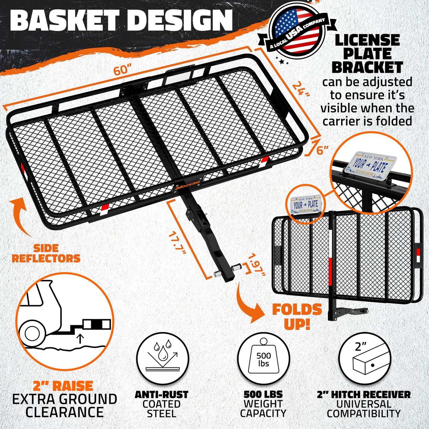 Mockins 60"x24"x6" Heavy Duty Trailer Hitch Cargo Carrier & 25 CuFt Waterproof Cargo Bag for Hitch Carrier | 500 Lbs. Capacity Folding Luggage Rack for SUV Car Truck with Plate Bracket & Accessories