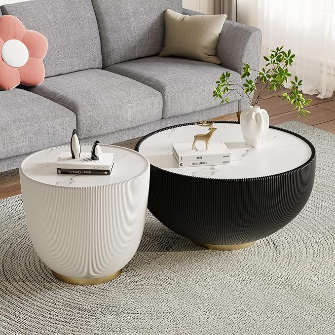 Round Marble Coffee Table Set of 2, 2 Piece Coffee Table and End Table