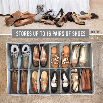 Under Bed Shoe Storage Organizer - TEAR-RESISTANT Heavy Duty 600D Material - Fits All Styles Men's and Women's Shoes, Up to 16 Pairs - Extra-Strong Zipper - Grey - Perfect for College Dorms
