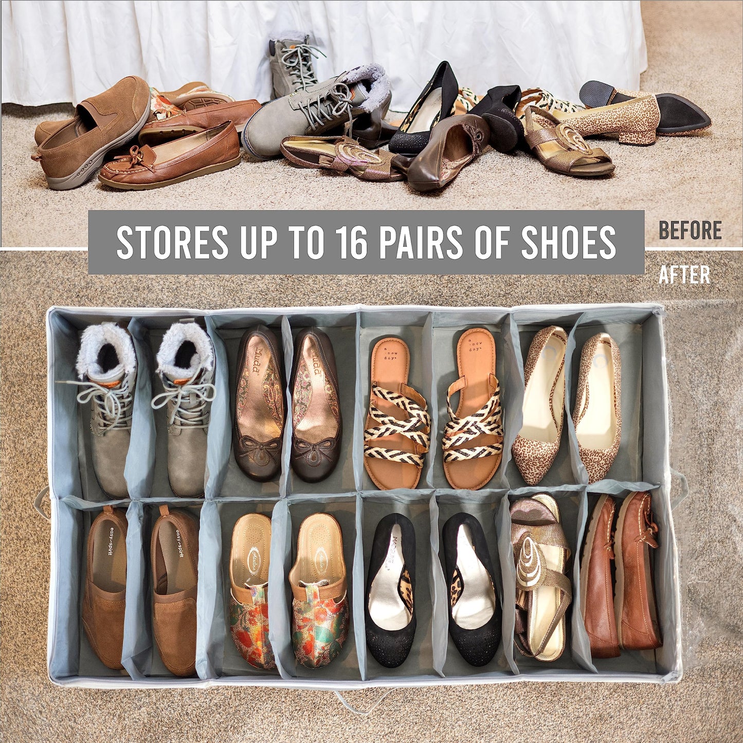 Under Bed Shoe Storage Organizer - TEAR-RESISTANT Heavy Duty 600D Material - Fits All Styles Men's and Women's Shoes, Up to 16 Pairs - Extra-Strong Zipper - Grey - Perfect for College Dorms