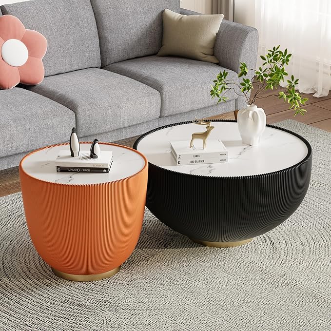 Round Marble Coffee Table Set of 2, 2 Piece Coffee Table and End Table