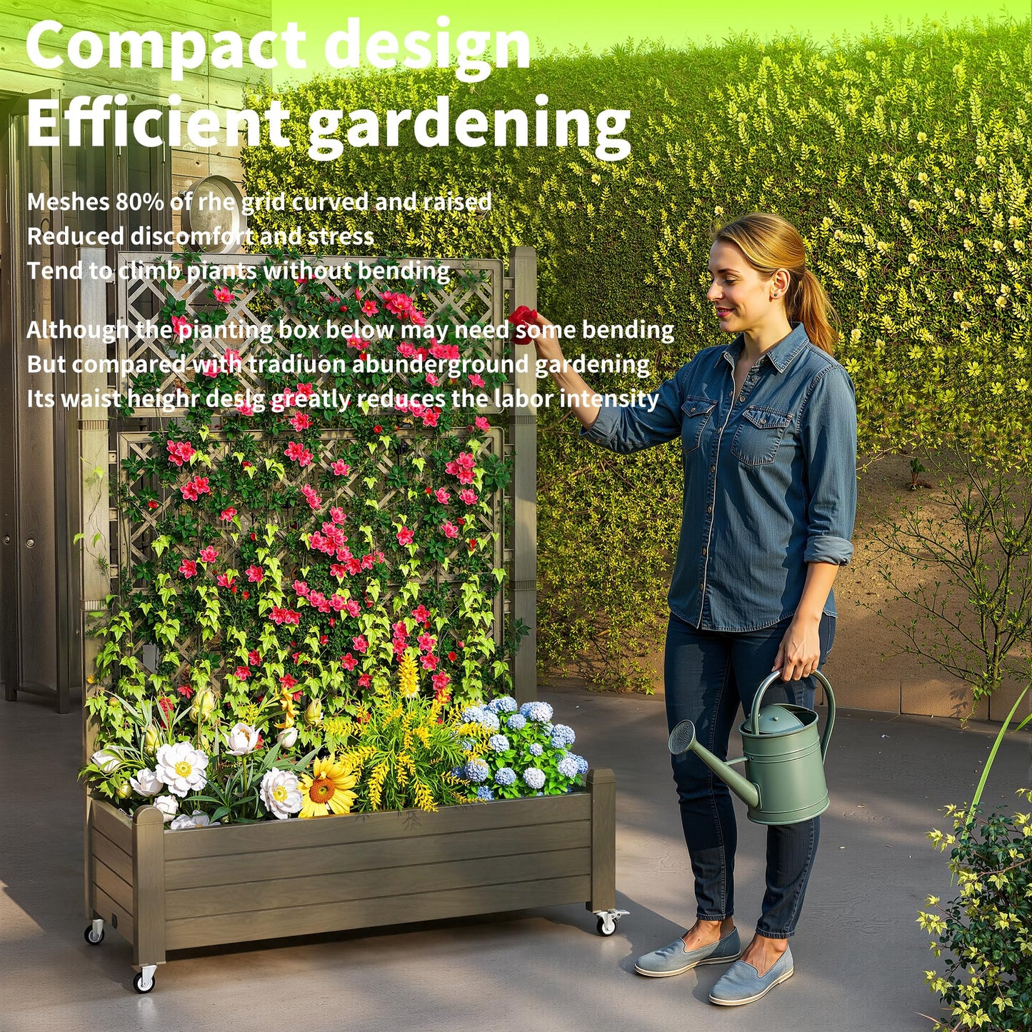 GYMHILL Elevated Raised Garden Bed with Trellis,Outdoor Large Resin Patio Planter Box with Lockable Wheels Drain Plug,Water Monitor for Plants Vegetables Flowers Fruits (Grey, 43.43 * 18.27 * 64.29)