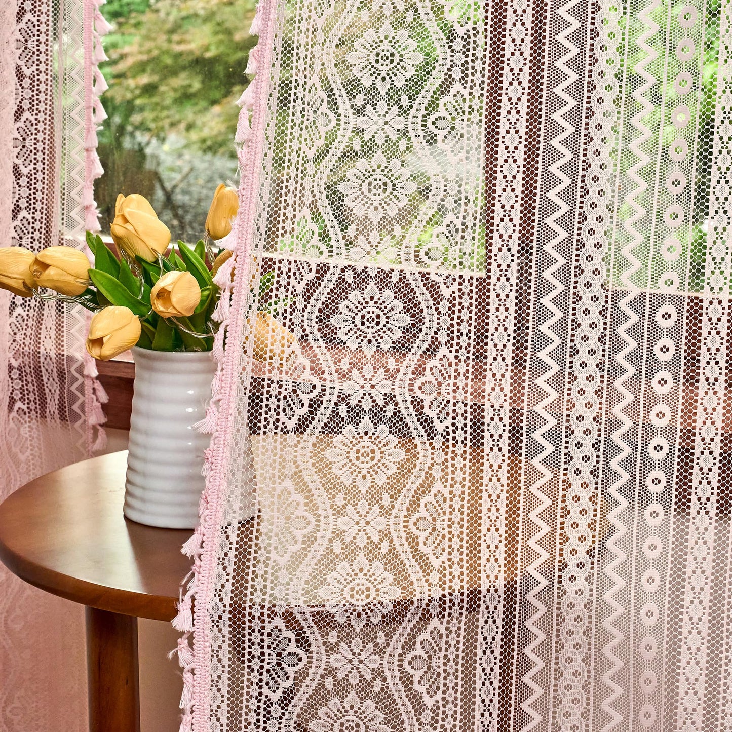 MYSKY HOME Pink Sheer Lace Curtains 2 Panels 63 inch Length for Girls Room Nursery Boho Vintage Floral Crochet Pattern Privacy Rod Pocket Tassels Small Windows Curtains, Wide 55 inch, 2 PCs