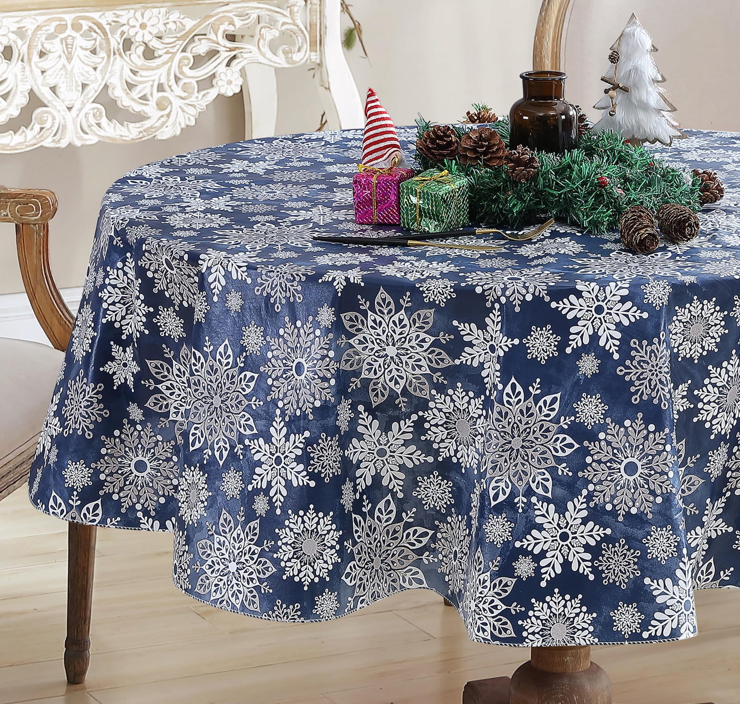 Newbridge Christmas Navy Winter Snowflake 70 Inch Round Vinyl Tablecloth with Flannel Backing – Sparkling Silver Holiday Print Easy-Care Wipe Clean Table Cover