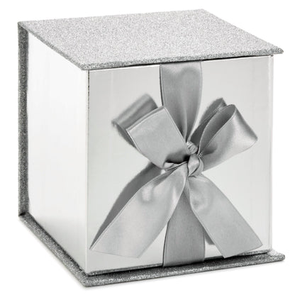 Hallmark Small Gift Box with Bow and Shredded Paper Fill (Silver Signature 4 inch Gift Box with Glitter) for Weddings, Graduations, Bridal Showers, Anniversaries, All Occasion