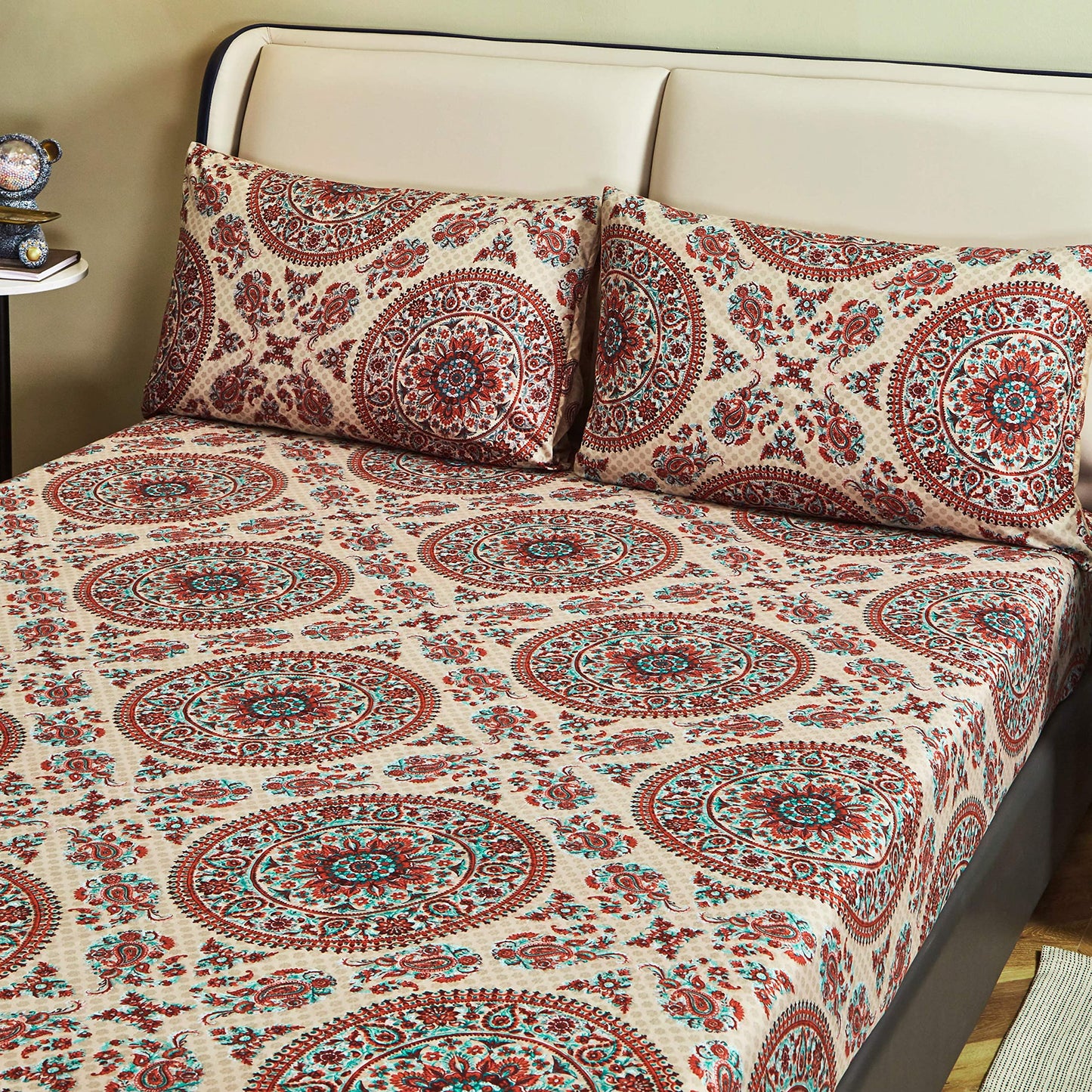 Tache Bohemian Mandala Fitted Sheet + Pillowcases - Retro Vintage Rustic Boho Chic Medallion Paisley Boteh 15-inch Deep Pocket Bed Sheet, 3 Piece Set, Cal King
