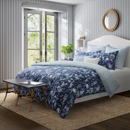 Laura Ashley – Queen Comforter Set, Reversible Floral Bedding with Matching Shams & Bonus Decorative Pillow Covers, Medium Weight, 7-Piece, College Dorm Room Essentials (Branch Toile Blue)