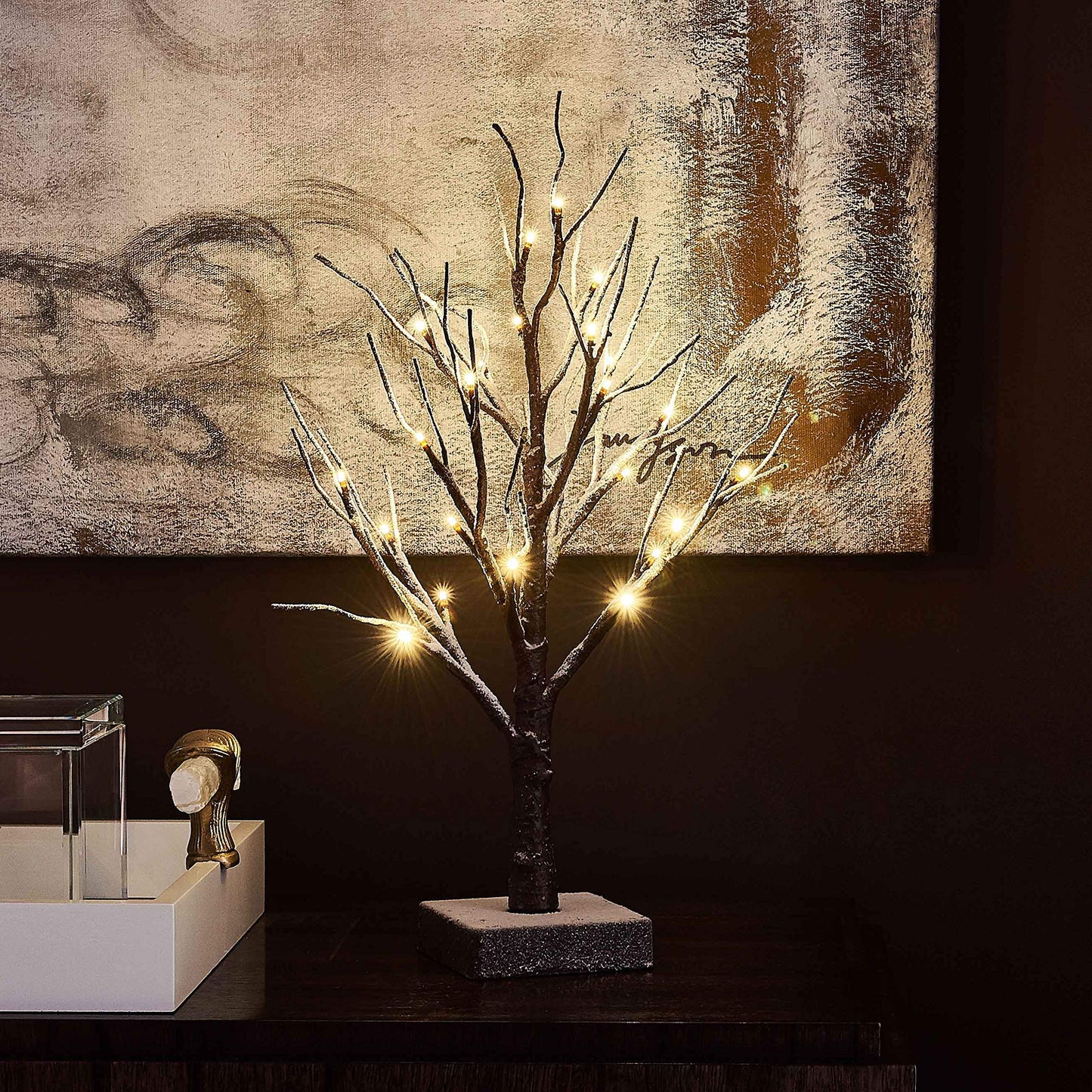 Hairui Lighted Tabletop Artificial Small Tree Snow Dusted 24 LED 18IN Battery Operated with Timer Indoor Use for Halloween Christmas Tree Decoration