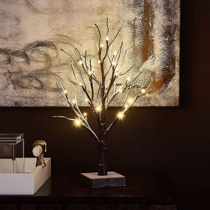 Hairui Lighted Tabletop Artificial Small Tree Snow Dusted 24 LED 18IN Battery Operated with Timer Indoor Use for Halloween Christmas Tree Decoration