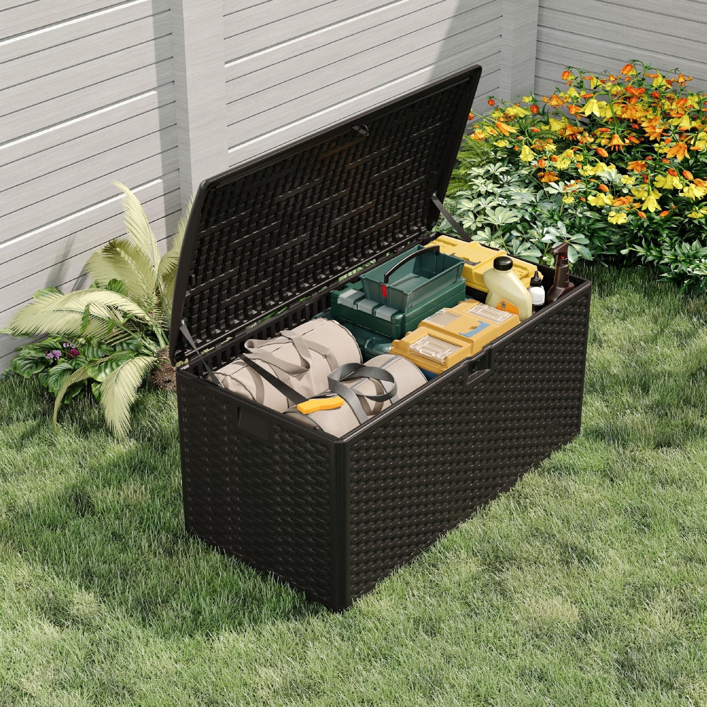99 Gallon Waterproof Large Resin Deck Box Indoor Outdoor, Lockable Storage Container for Patio Furniture Cushions, Throw Pillows, Garden Tools, and Pool Floats Black 50" L x 26" W x 25" H
