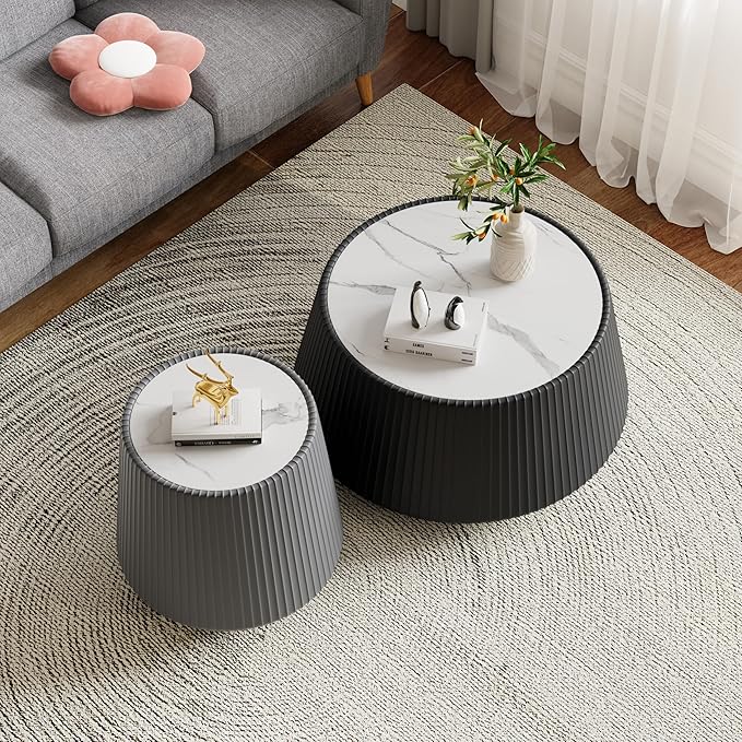 Modern Marble Nesting Coffee Table Set of 2, 26.77" Cup Shaped Coffee and End