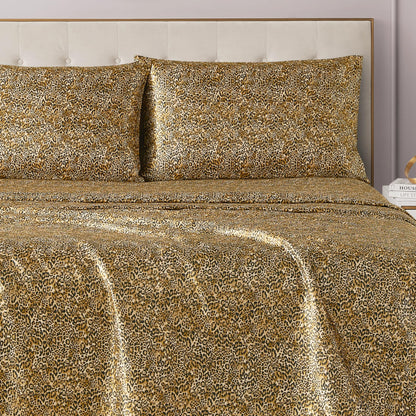Juicy Couture Full Size Satin Bed Sheet Set, Deep Pocket Silky Full Sheet Set with 1 Fitted Sheet, 1 Flat Sheet, 2 Pillowcases, Wrinkle Resistant and Anti Pilling Bed Sheets - Monica Leopard