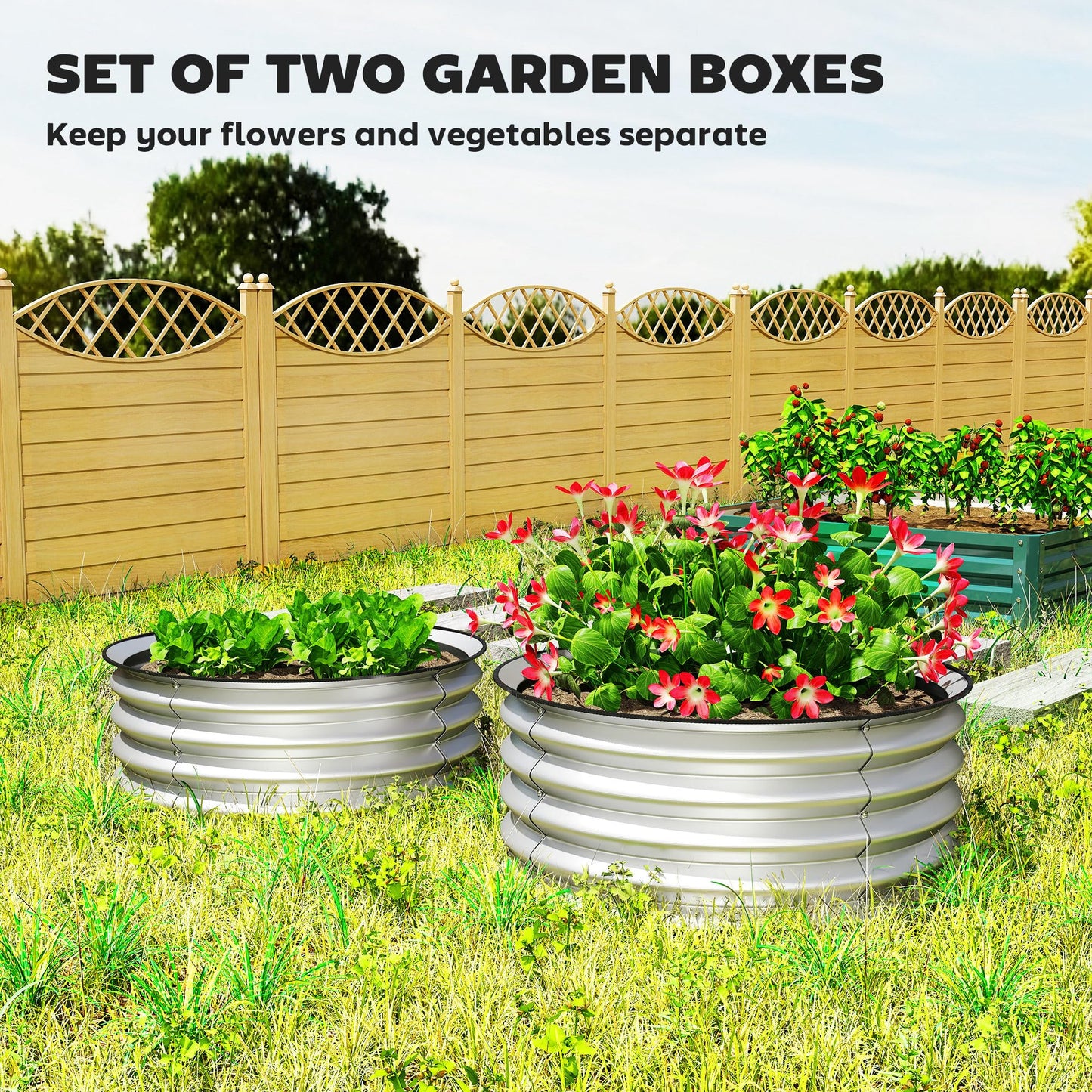 Outsunny Galvanized Raised Garden Bed Set of 2, Planters for Outdoor Plants with Safety Edging, Easy-to-Assemble Stock Tanks for Growing Flowers, Herbs and Vegetables, 2' x 2' x 1', Silver