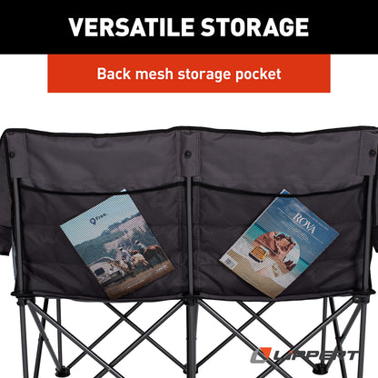 Lippert Campfire Folding Loveseat with 500-lb. Weight Capacity, Carry Bag, Durable Mesh Fabrics, High-Loft Cushioning, Storage Pocket, Dual Cupholders, Stemmed Wine Glass Holder (Grey) - 2021000206