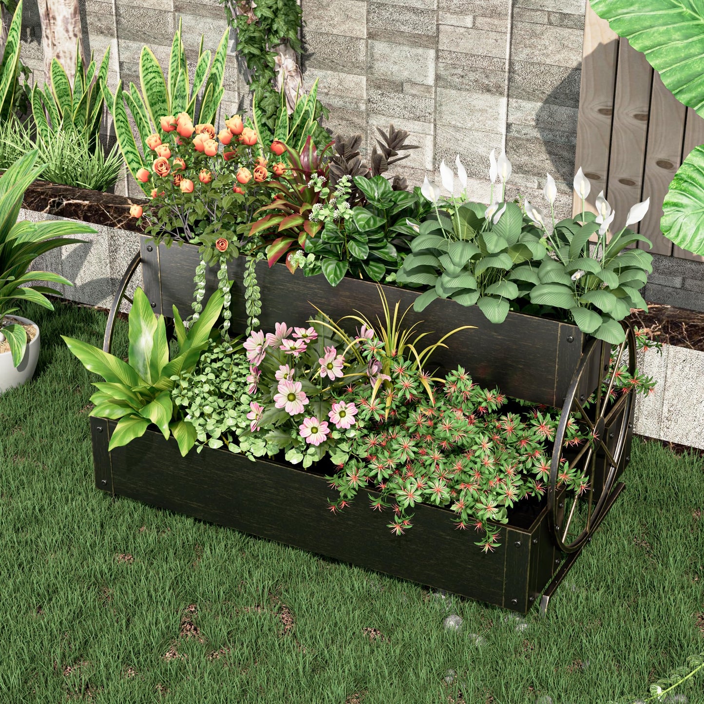 Athuiline Metal Raised Garden Beds with Wagon Wheels, 3-Tier Outdoor Planter Boxes, Decorative Herb Garden Planter for Flowers Herbs Vegetables, Small Flower Cart for Patio, Balcony (Retro Gold)