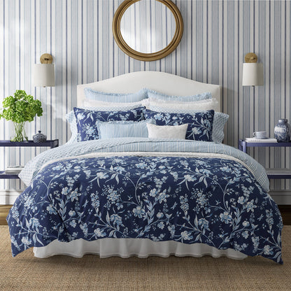 Laura Ashley – Queen Comforter Set, Reversible Floral Bedding with Matching Shams & Bonus Decorative Pillow Covers, Medium Weight, 7-Piece, College Dorm Room Essentials (Branch Toile Blue)