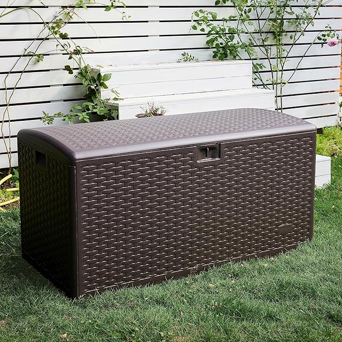 Amazon Basics Outdoor Storage Deck Box, Lockable, Weather-Resistant, 99 Gallon, Brown, for Patio Cushions, Gardening Tools, Pool Accessories