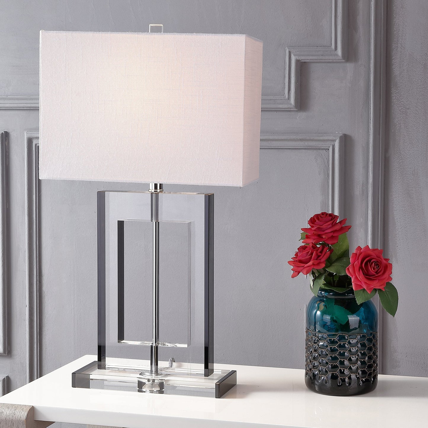 JONATHAN Y 26" Clear and Black Crystal Table Lamp, Modern Geometric Glam Glass Lamp with White Linen Drum Shade for Living Room Bedroom Nightstand, LED Bulb Included JYL2015A