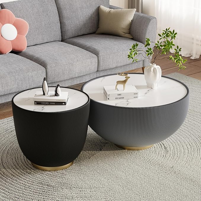 Round Marble Coffee Table Set of 2, 2 Piece White Coffee Table and End Table