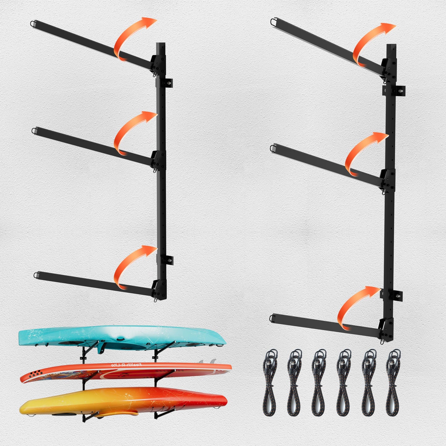 NIMBLERACK Kayak Wall Mount Rack, 45.3" Heavy Duty Canoe Storage Brackets, Foldable Space Saving Hanger, 304 Stainless Steel for Outdoor & Indoor, Fits SUP/Paddle Board(Black, 2-Tier)