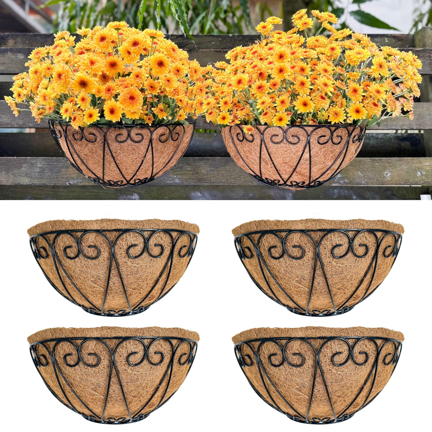 LaLaGreen Outdoor Wall Planters (4 Pack, 12 Inch) Black Metal Wall Mounted Hanging Basket with Coco Liner, Flower Pot Plant Holder Semi-Circle Planter for Fence Railing Deck Porch Balcony Garden Decor