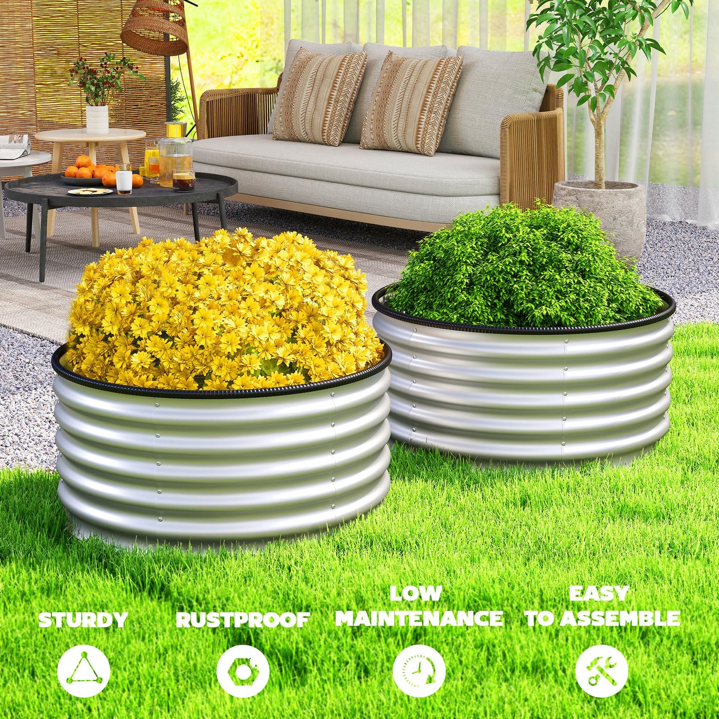 Outsunny Galvanized Raised Garden Bed Set of 2, Planters for Outdoor Plants with Safety Edging, Easy-to-Assemble Stock Tanks for Growing Flowers, Herbs and Vegetables, 3' x 3' x 1.4', Silver