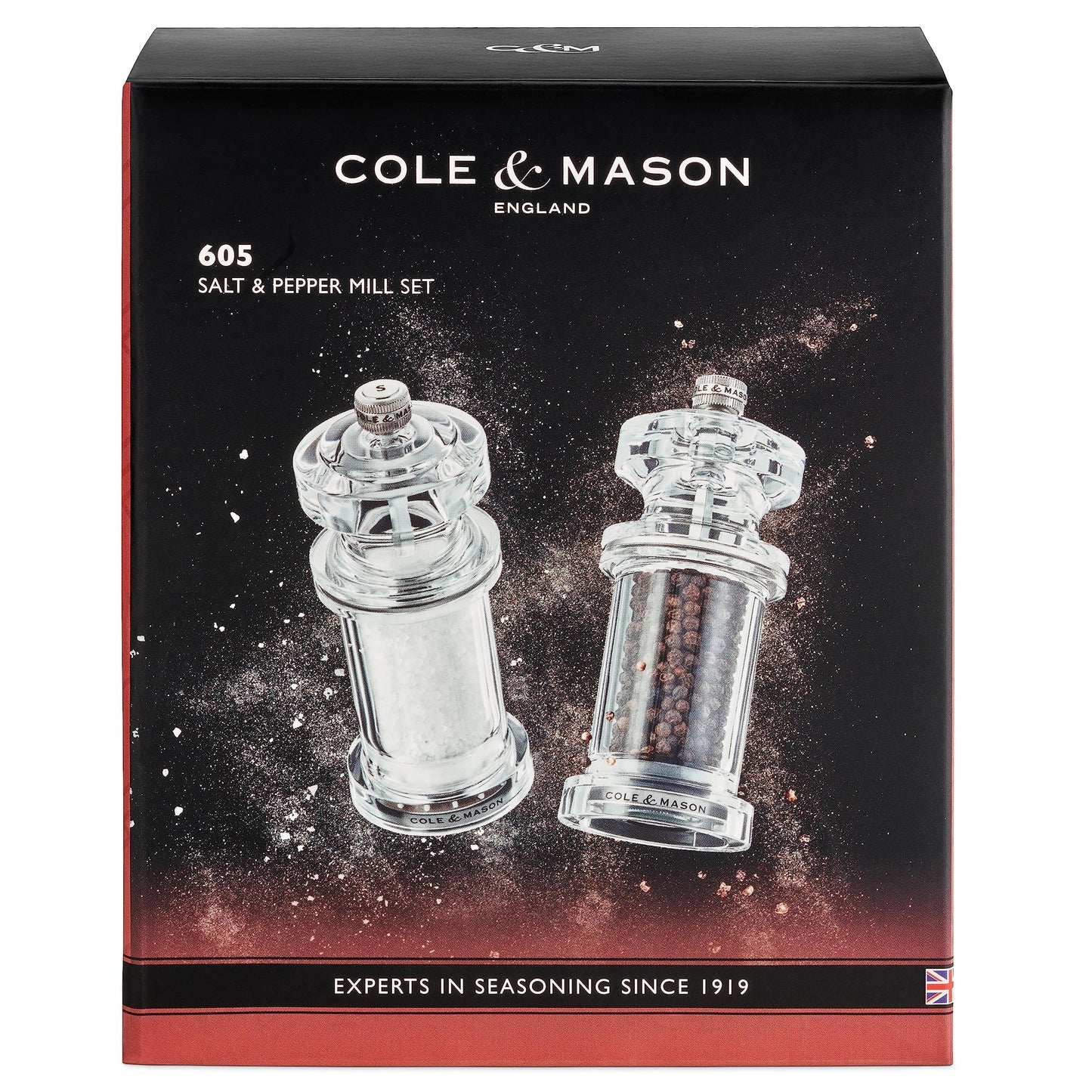 Cole & Mason 605 Refillable Spice Mill - Kitchen & Home Accessory - Salt & Pepper Grinder Set - Salt & Peppercorn Included - Acrylic - New Salt & Pepper Set 5.5"