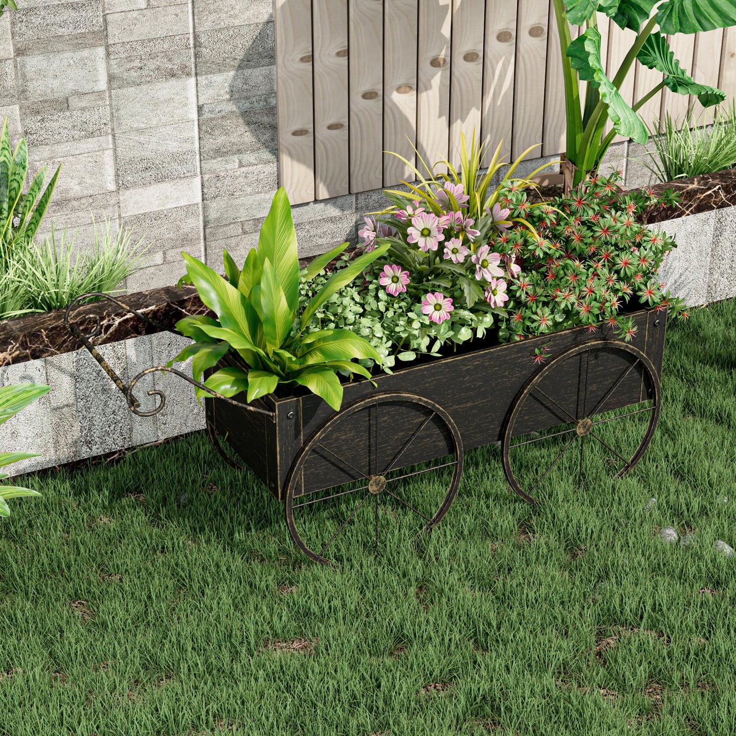 Athuiline Metal Raised Garden Bed with Wagon Wheels, Small Planter Raised Beds, Outdoor Planter Box for Flowers Herbs, Vegetables, Decorative Flower Cart for Patio, Balcony (Retro Gold)