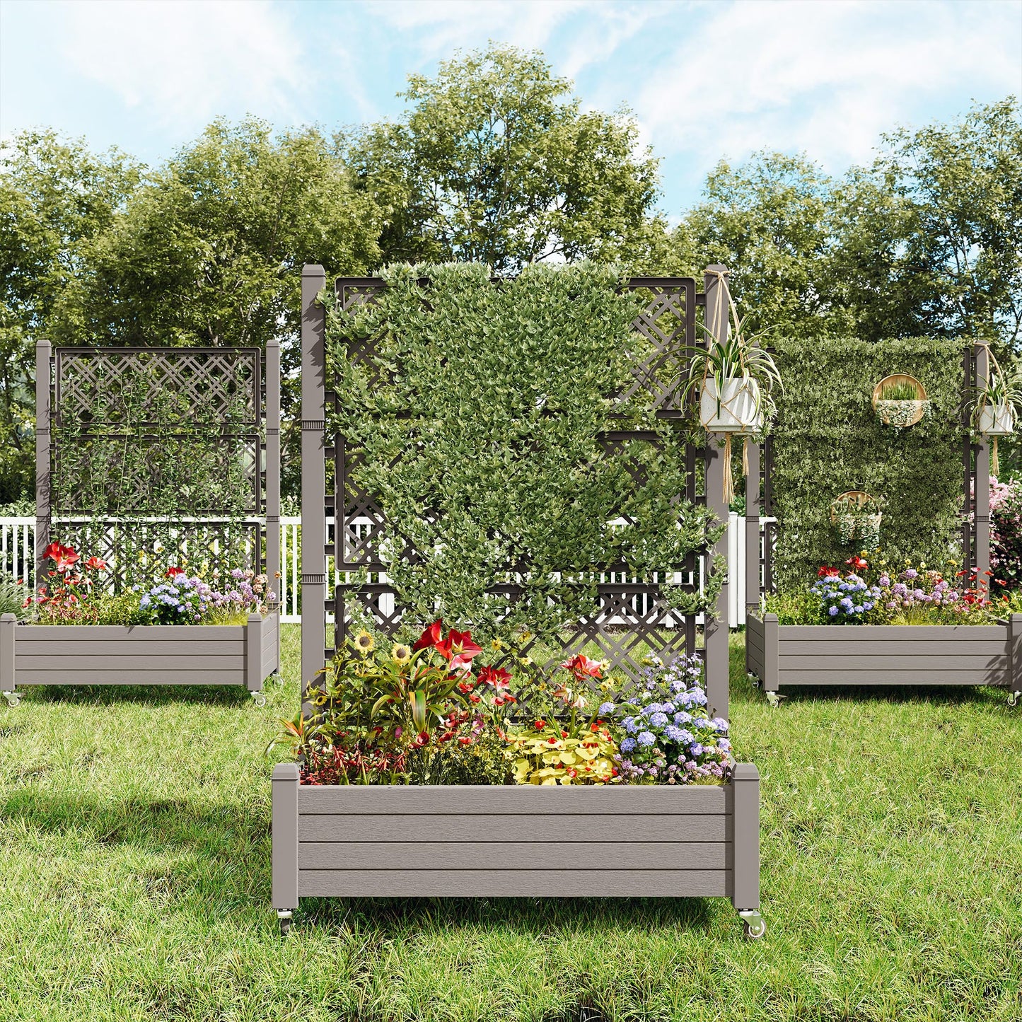 Fancyango Raised Garden Bed with Trellis and Wheels, Resin Planter Box with Trellis with Drainage Holes & Water Monitor, Privacy Planters for Patio for Climbing Plants, Gray(1 Pack)