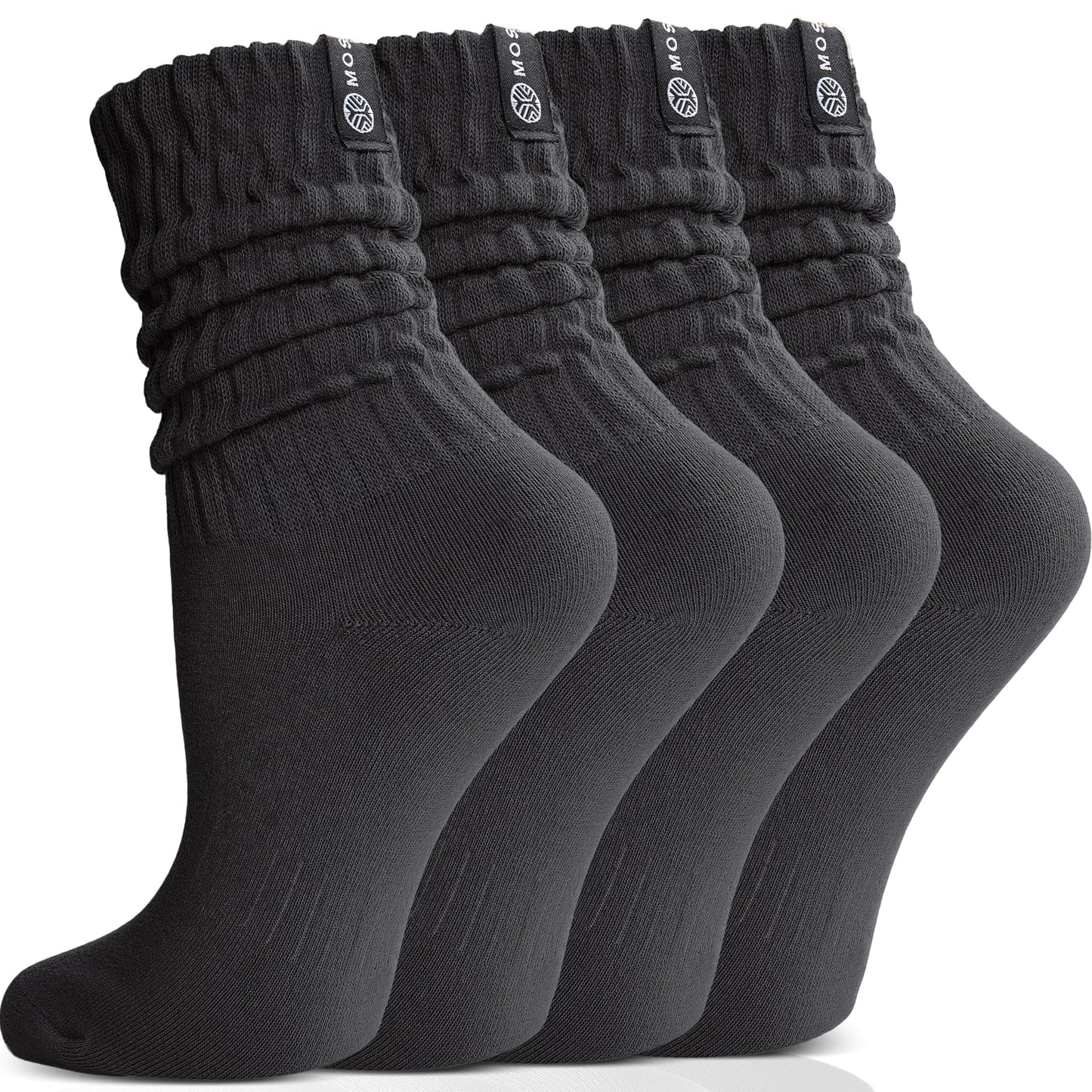 MOSEY KOSY Scrunch Cotton Socks, Slouch Calf Breathable Soft Socks for Women and Men, 4 Pairs (Black,M)