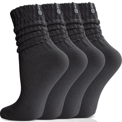 MOSEY KOSY Scrunch Cotton Socks, Slouch Calf Breathable Soft Socks for Women and Men, 4 Pairs (Black,M)