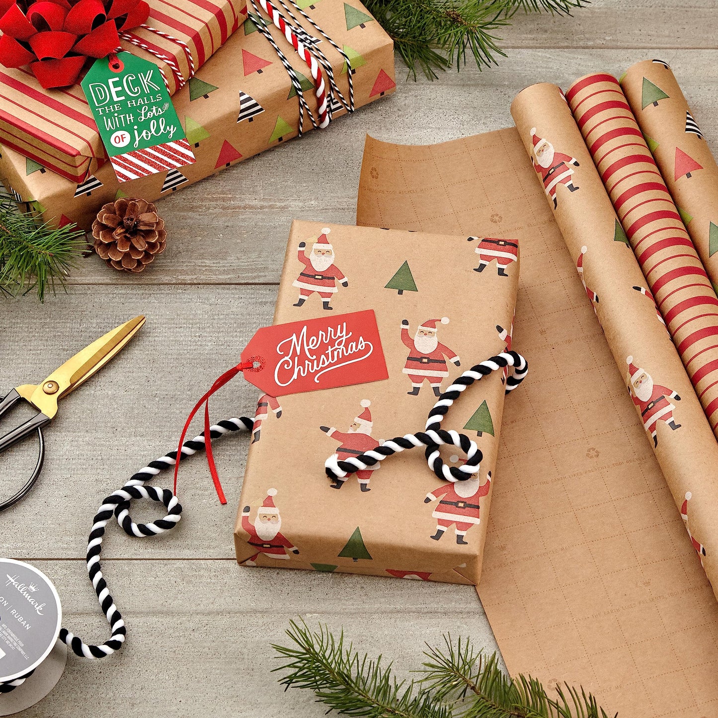 Hallmark Christmas Wrapping Paper Rolls, Brown Kraft Holiday Gift Wrap (Pack of 3: 90 sq. ft. ttl) Kraft with Santas, Trees, Stripes