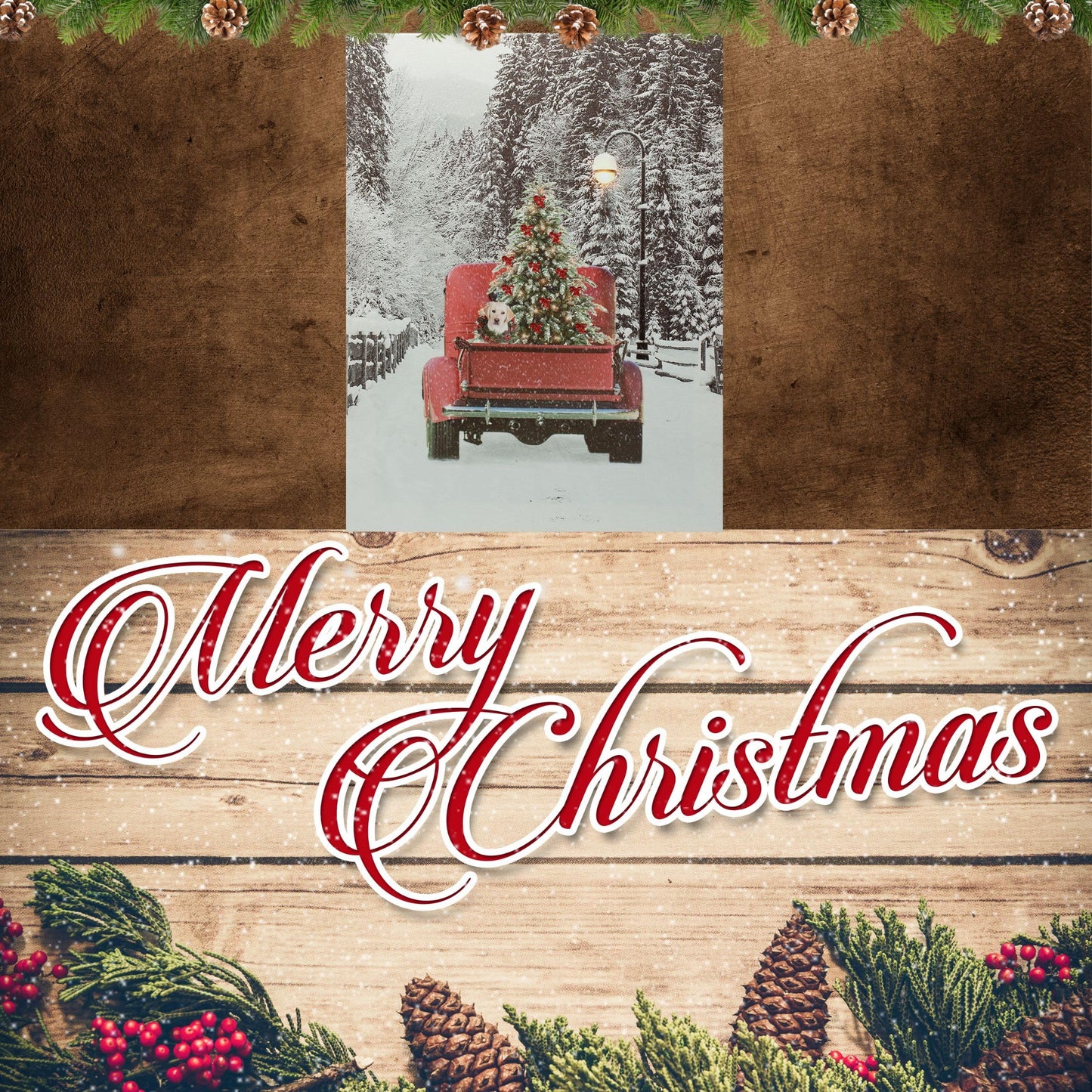 LED Wall Art - Lighted Red Pick-Up Truck Canvas Print - Light Up Picture with Winter Scene - Vintage Red Pickup Truck Carrying a Christmas Tree - Measures 15.75" X 11.75"