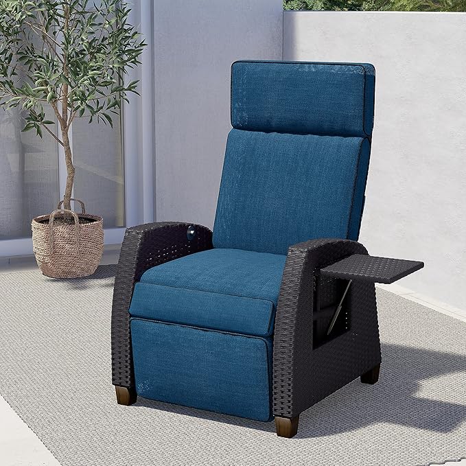 Grand patio Outdoor Recliner Chair Patio 150° Lay Flat Recliner with Flip Table Wicker Reclining Lounge Chair Peacock Blue
