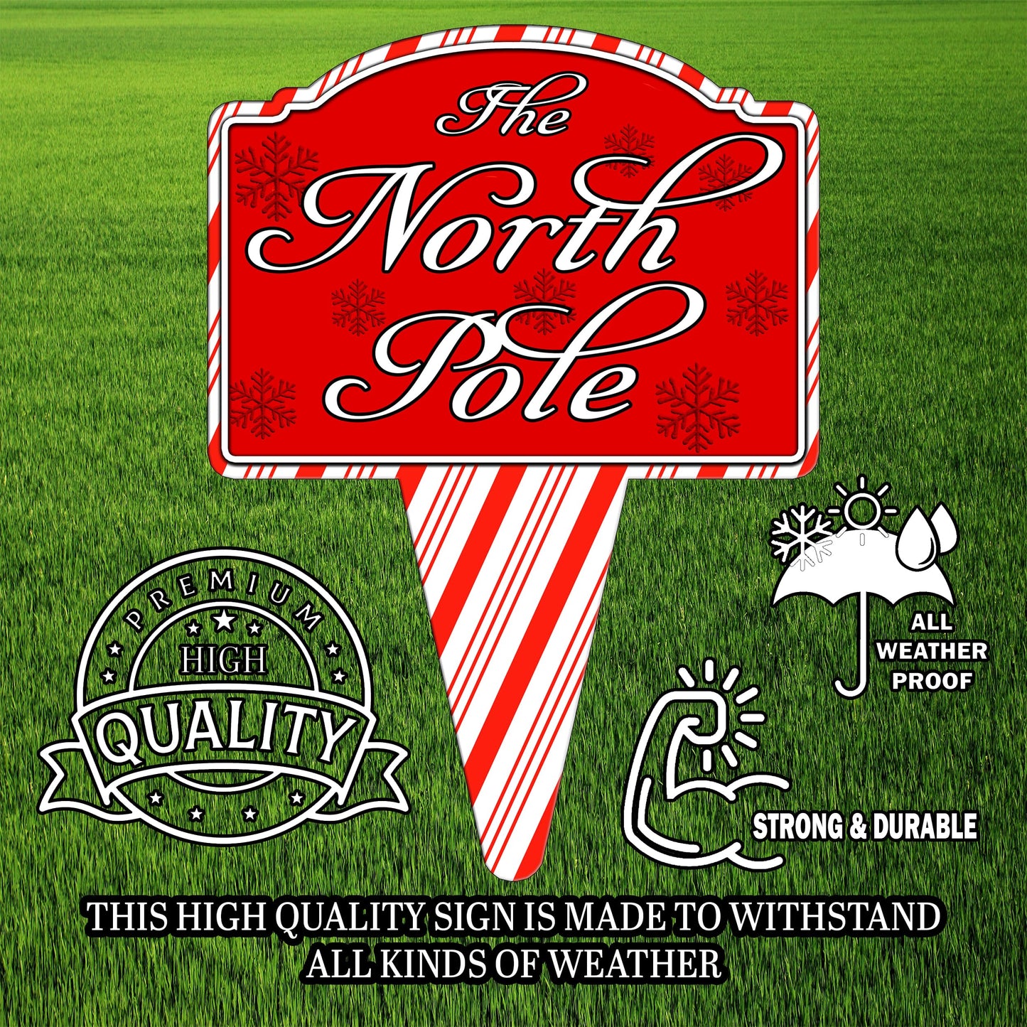 North Pole Santa Home Candy Cane Christmas Holiday Yard Sign For Lawn Grass Home or Business Front Door Durable Metal Built In Stake St. Nicholas Claus Xmas