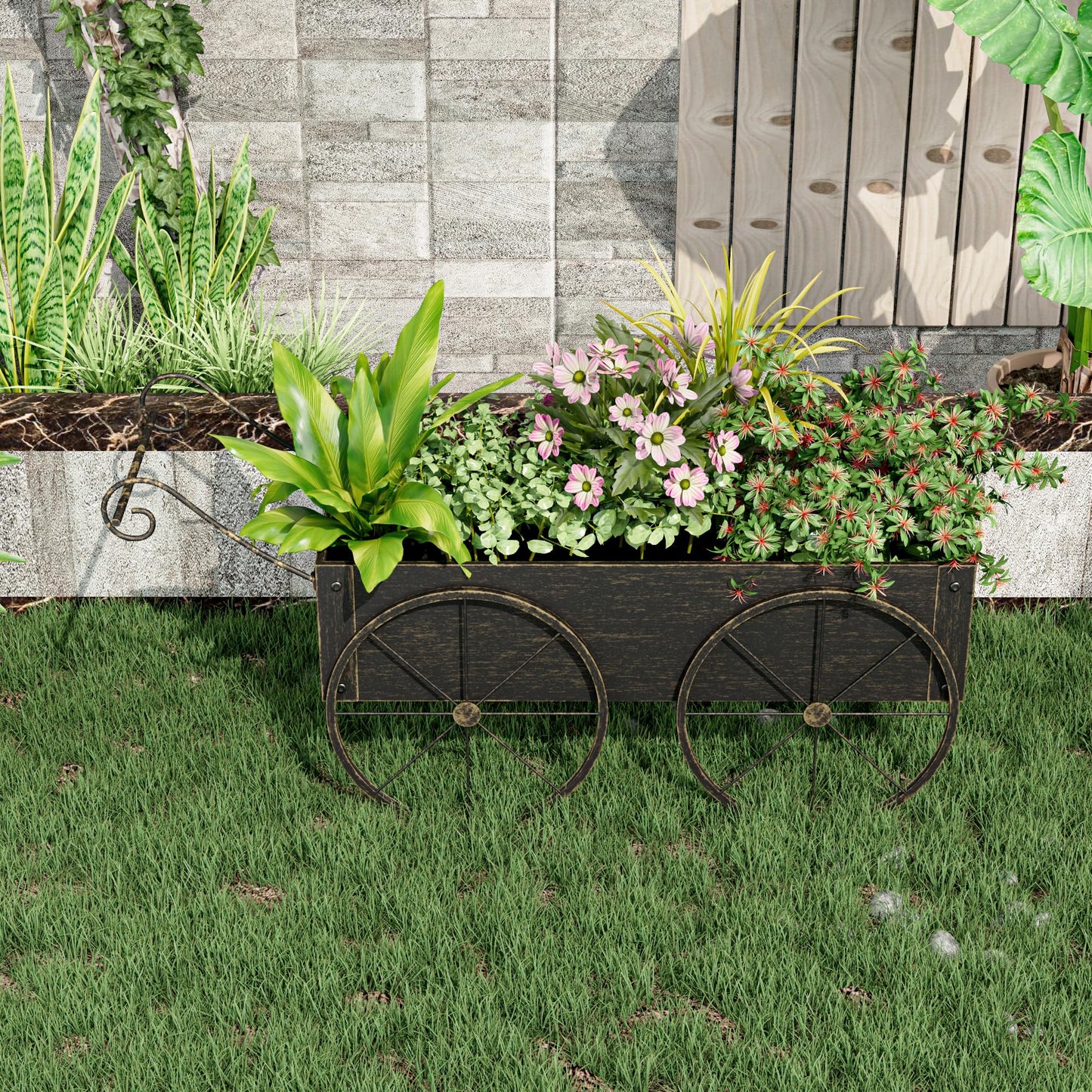 Athuiline Metal Raised Garden Bed with Wagon Wheels, Small Planter Raised Beds, Outdoor Planter Box for Flowers Herbs, Vegetables, Decorative Flower Cart for Patio, Balcony (Retro Gold)