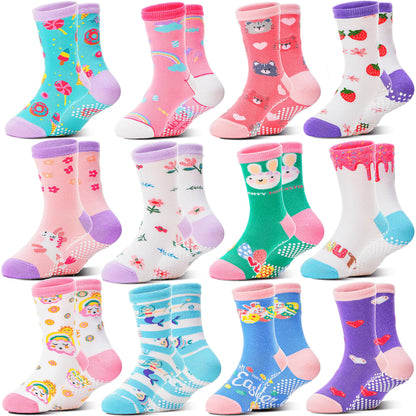 Welwoos Baby Girls Toddlers Grips Socks Non Slip Anti Skid Funny Animal Cartoon Cosy Crew Cotton Gifts Socks 12 Pairs Stocking Fillers(Colorful Flowers,3-5 T)